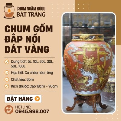 Chum Gốm Không Tráng Men Đắp Nổi Dát Vàng Hoa Văn Cá Chép Hóa Rồng CS-06