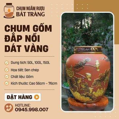 Chum Gốm Khắc Nổi Dát Vàng Họa Tiết Sen Chép CS-05