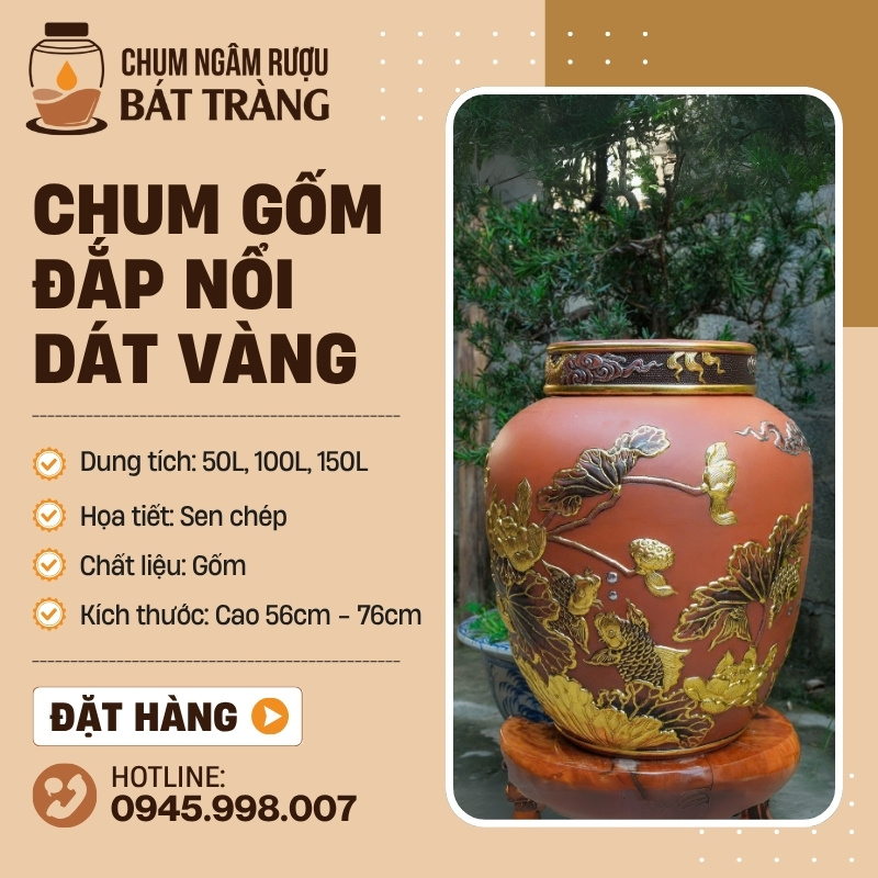Chum Gốm Khắc Nổi Dát Vàng Họa Tiết Sen Chép CS-05