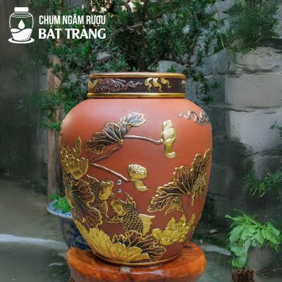 Chum Gốm Khắc Nổi Dát Vàng Họa Tiết Sen Chép CS-05
