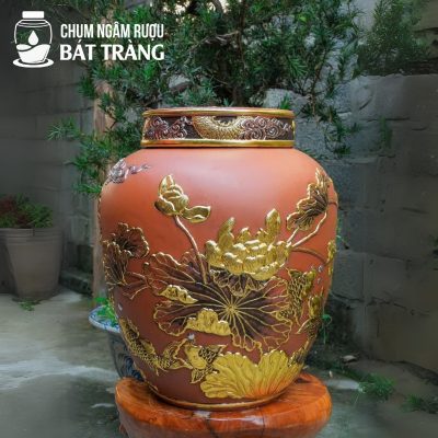 Chum Gốm Khắc Nổi Dát Vàng Họa Tiết Sen Chép CS-05