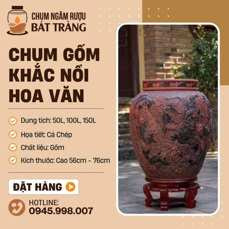 Chum Rượu Khắc Nổi Họa Tiết Cá Chép CS-09