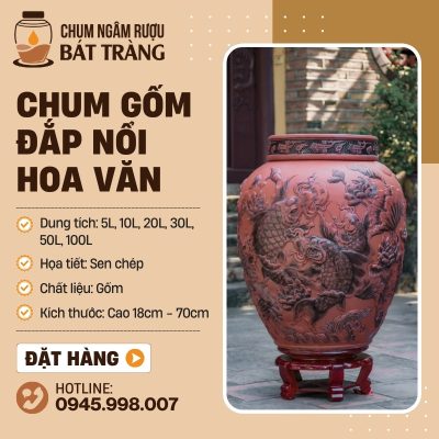 Chum Sành Khắc Nổi Hoa Sen và Cá Chép CS-10