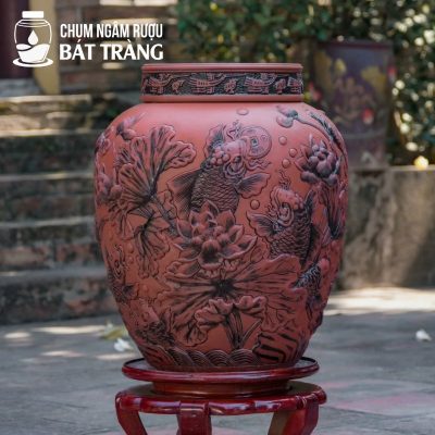 Chum Sành Khắc Nổi Hoa Sen và Cá Chép CS-10