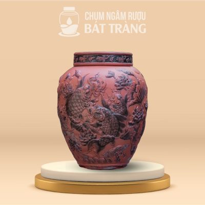 Chum Sành Khắc Nổi Hoa Sen và Cá Chép CS-10