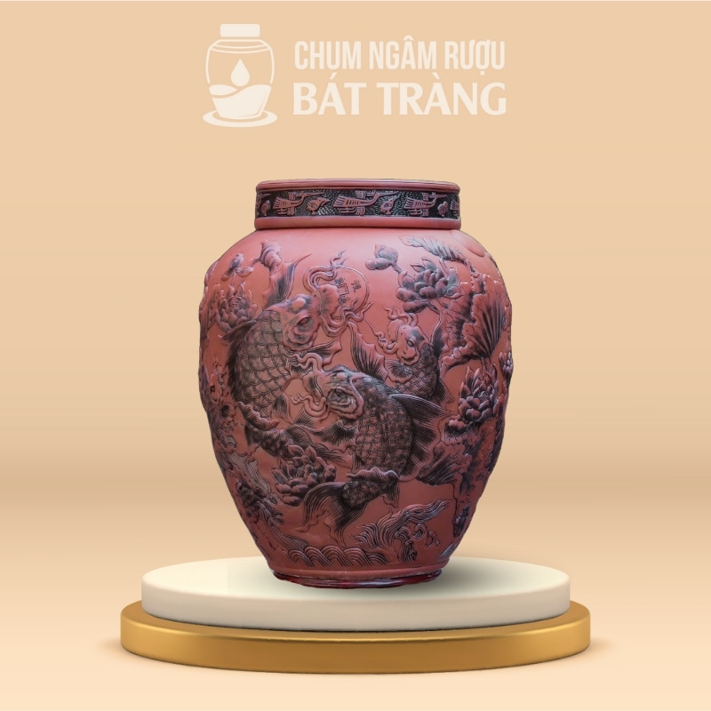 Chum Sành Khắc Nổi Hoa Sen và Cá Chép CS-10