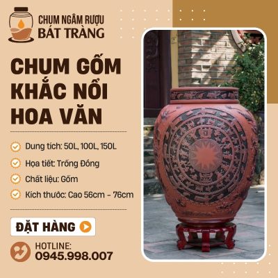 Chum Gốm Ngâm Rượu Họa Tiết Trống Đồng Khắc Nổi CS-08