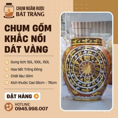 Chum Sành Khắc Nổi Dát Vàng Họa Tiết Trống Đồng CS-07