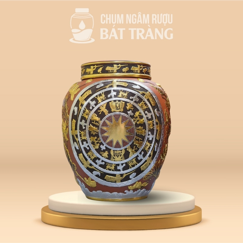 Chum Sành Khắc Nổi Dát Vàng Họa Tiết Trống Đồng CS-07