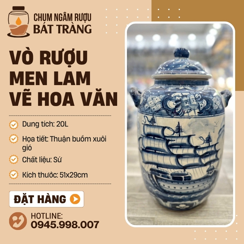 Vò Rượu Sứ Men Lam Vẽ Họa Tiết Thuận Buồm Xuôi Gió CR-17