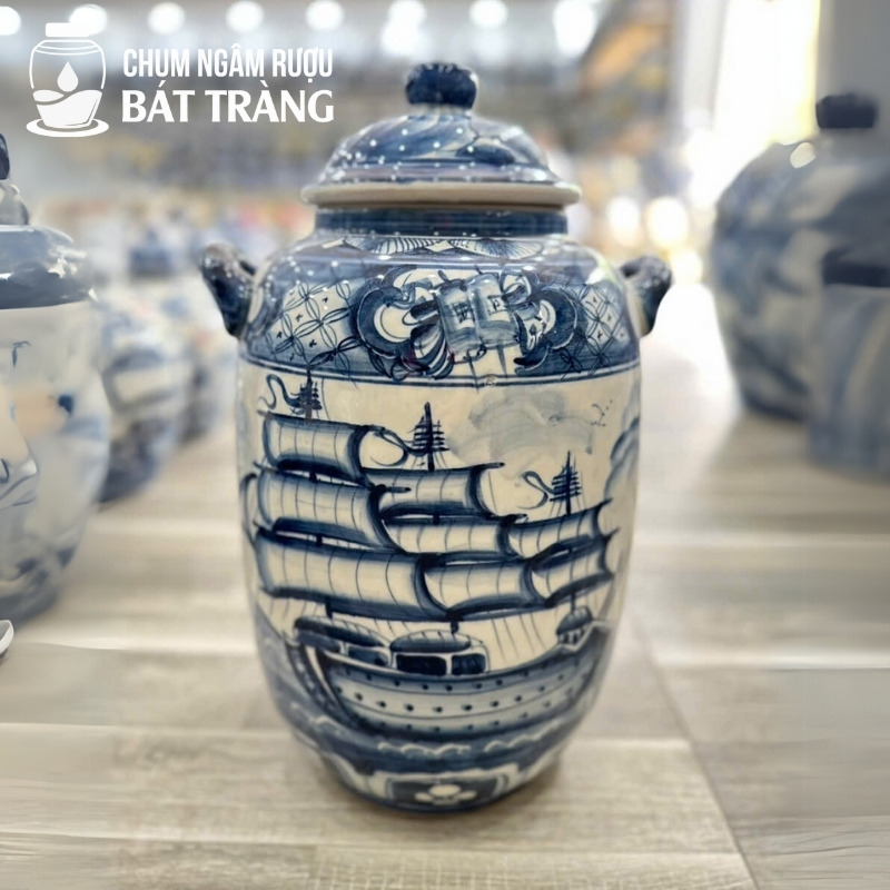 Vò Rượu Sứ Men Lam Vẽ Họa Tiết Thuận Buồm Xuôi Gió CR-17