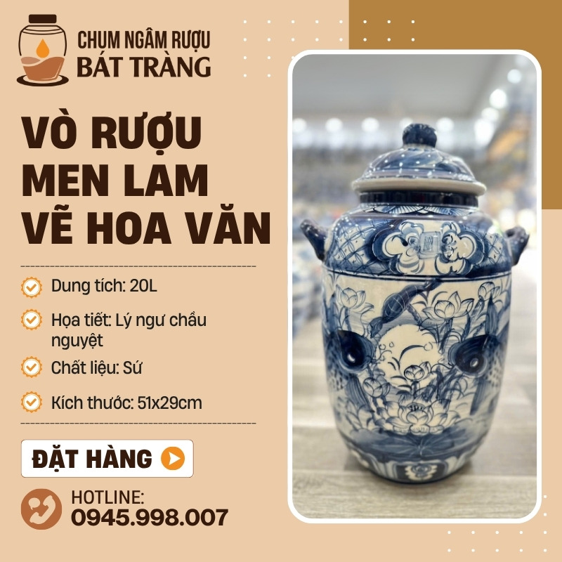 Chum Ngâm Rượu Men Lam Vẽ Lý Ngư Chầu Nguyệt CR-18