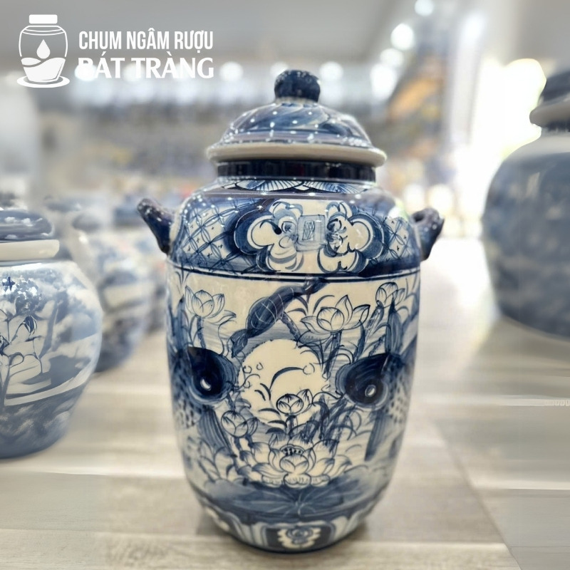 Chum Ngâm Rượu Men Lam Vẽ Lý Ngư Chầu Nguyệt CR-18