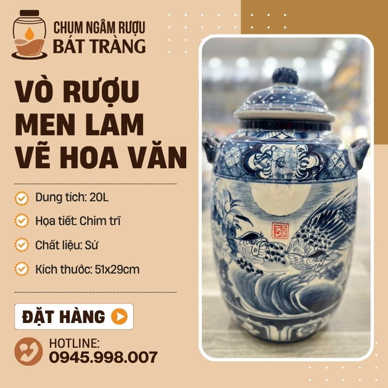 Chum Rượu Gốm Sứ Men Lam Vẽ Hoa Văn Chim Trĩ CR-19