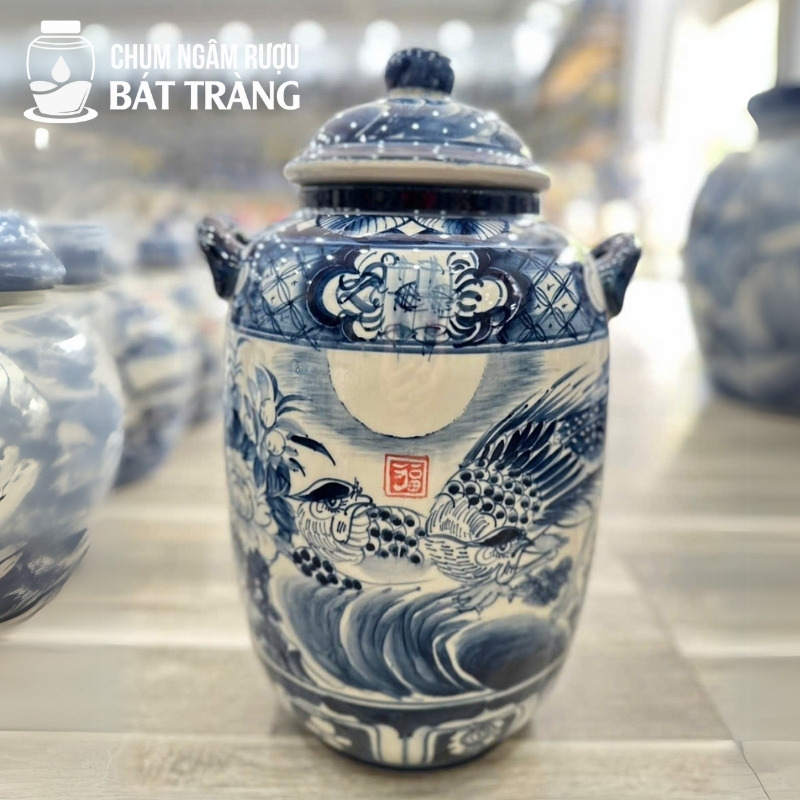 Chum Rượu Gốm Sứ Men Lam Vẽ Hoa Văn Chim Trĩ CR-19