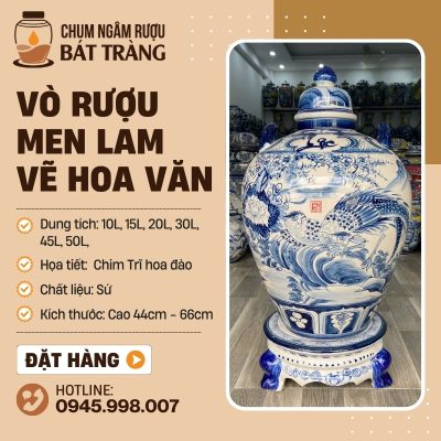 Vò Đựng Rượu Tráng Men Lam Vẽ Chim Trĩ Hoa Đào CR-06