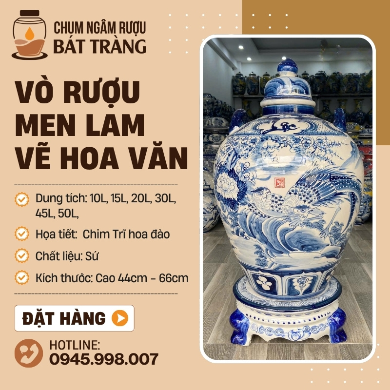 Vò Đựng Rượu Tráng Men Lam Vẽ Chim Trĩ Hoa Đào CR-06