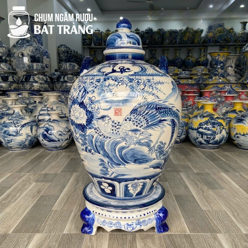 Vò Đựng Rượu Tráng Men Lam Vẽ Chim Trĩ Hoa Đào CR-06