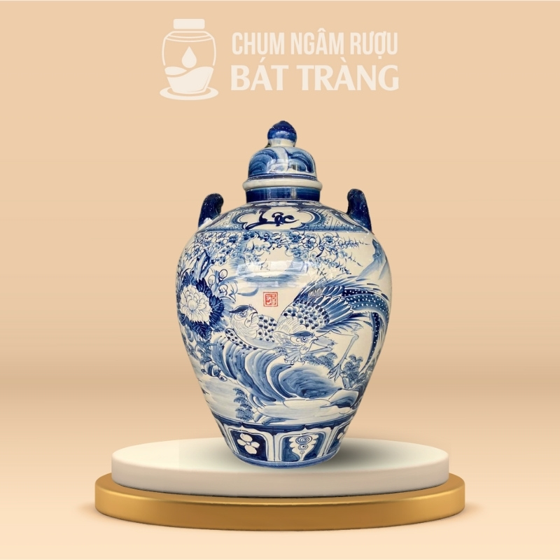 Vò Đựng Rượu Tráng Men Lam Vẽ Chim Trĩ Hoa Đào CR-06