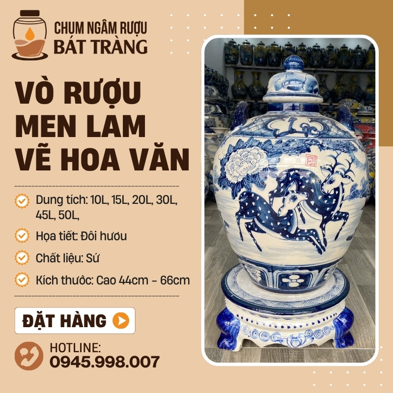 Chum Rượu Sứ Tráng Men Lam Vẽ Đôi Hươu Sao CR-09
