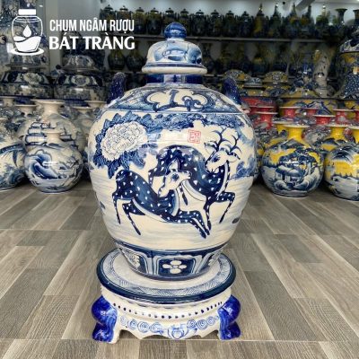 Chum Rượu Sứ Tráng Men Lam Vẽ Đôi Hươu Sao CR-09