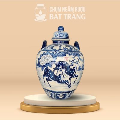 Chum Rượu Sứ Tráng Men Lam Vẽ Đôi Hươu Sao CR-09