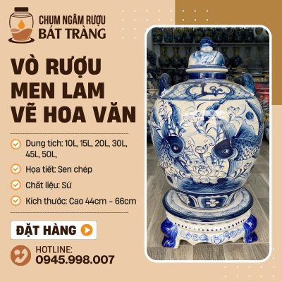 Vò Rượu Tráng Men Lam Vẽ Tay Họa Tiết Sen Chép CR-08