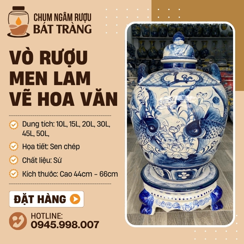 Vò Rượu Tráng Men Lam Vẽ Tay Họa Tiết Sen Chép CR-08