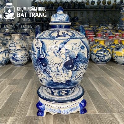 Vò Rượu Tráng Men Lam Vẽ Tay Họa Tiết Sen Chép CR-08