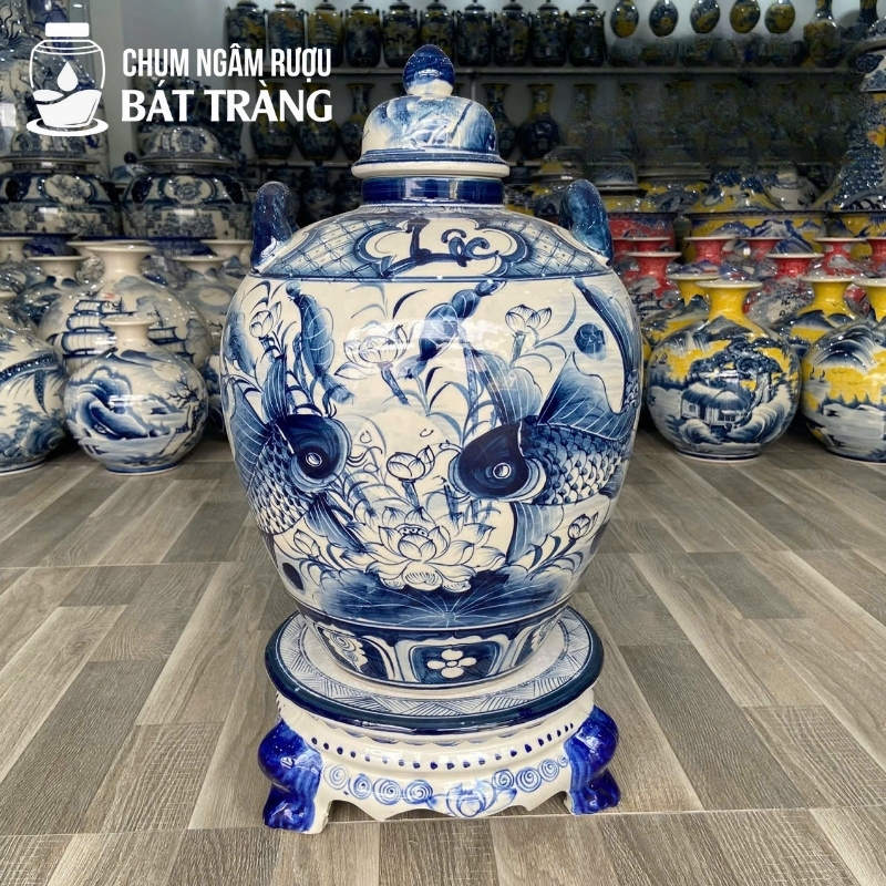 Vò Rượu Tráng Men Lam Vẽ Tay Họa Tiết Sen Chép CR-08