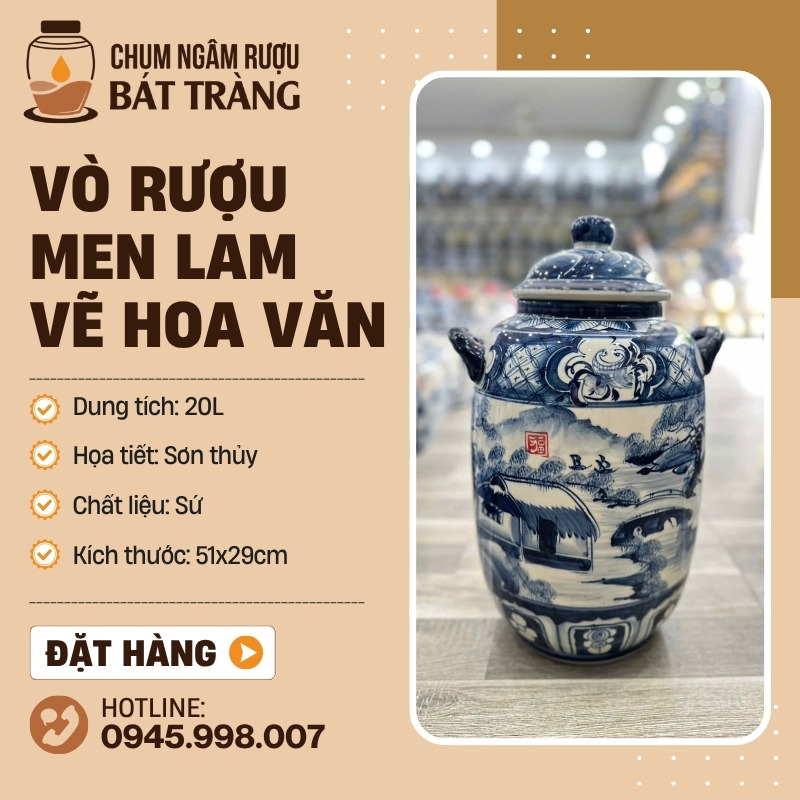 Vò Đựng Rượu Men Lam Vẽ Sơn Thủy CR-16
