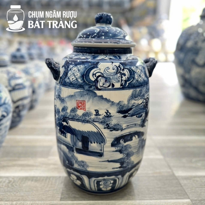 Vò Đựng Rượu Men Lam Vẽ Sơn Thủy CR-16
