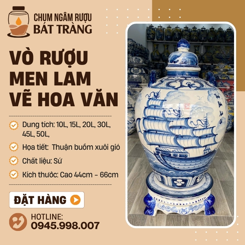 Chum Ngâm Rượu Men Lam Vẽ Họa Tiết Thuận Buồm Xuôi Gió CR-07