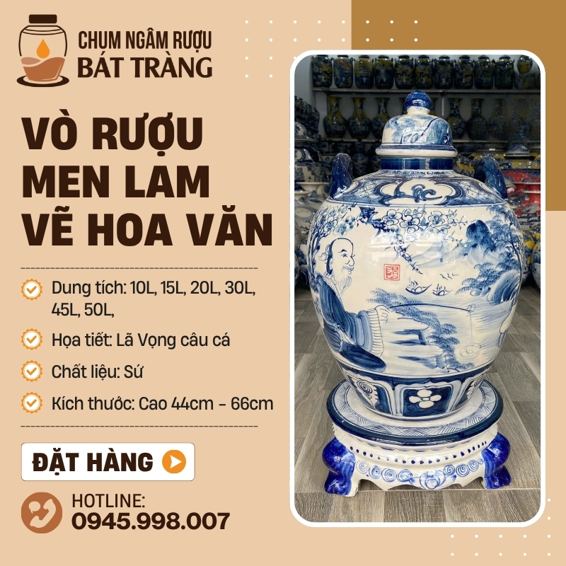 Chum Ngâm Rượu Men Lam Họa Tiết Lã Vọng Câu Cá CR-03