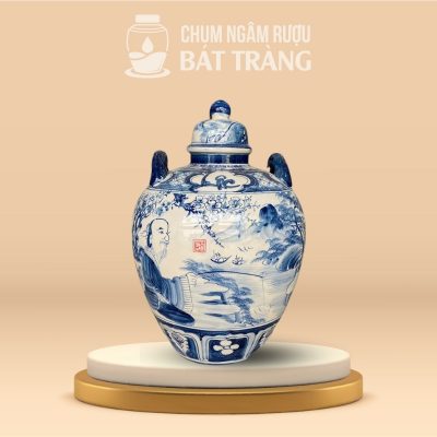 Chum Ngâm Rượu Men Lam Họa Tiết Lã Vọng Câu Cá CR-03