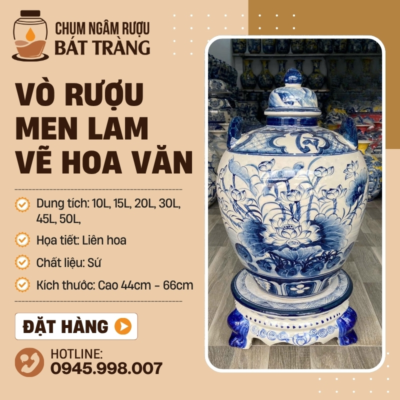 Vò Rượu Men Lam Vẽ Tay Liên Hoa CR-04