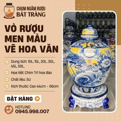 Chum Đựng Rượu Men Màu Vẽ Chim Trĩ Hoa Đào CR-14