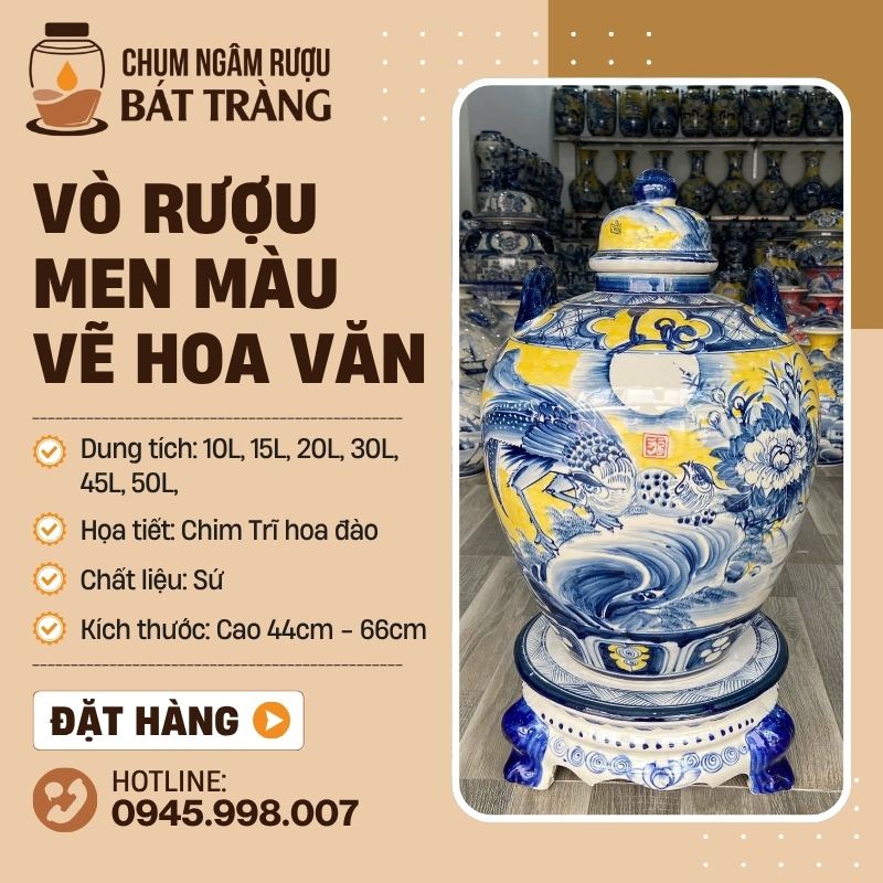 Chum Đựng Rượu Men Màu Vẽ Chim Trĩ Hoa Đào CR-14