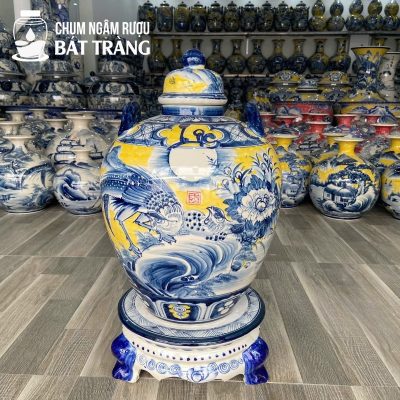 Chum Đựng Rượu Men Màu Vẽ Chim Trĩ Hoa Đào CR-14