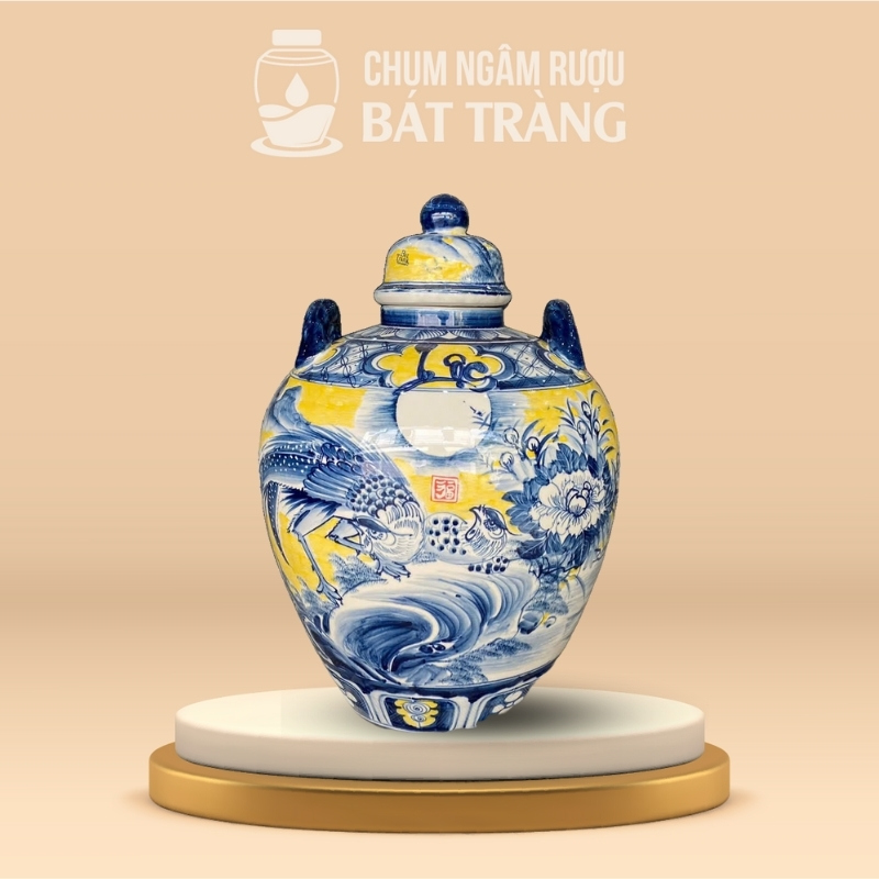 Chum Đựng Rượu Men Màu Vẽ Chim Trĩ Hoa Đào CR-14