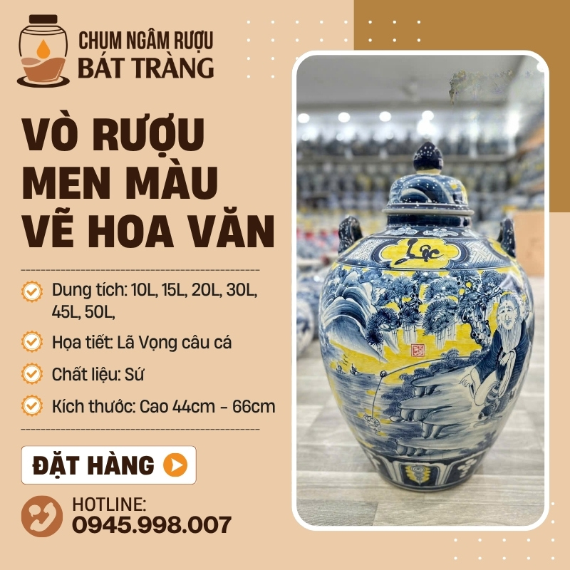 Vò Đựng Rượu Tráng Men Màu Vẽ Họa Tiết Lã Vọng Câu Cá CR-13