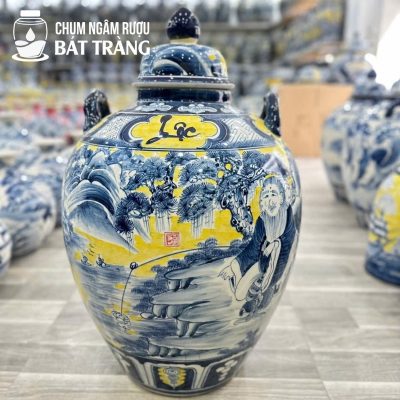 Vò Đựng Rượu Tráng Men Màu Vẽ Họa Tiết Lã Vọng Câu Cá CR-13
