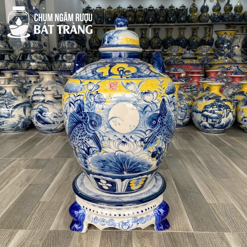 Chum Đựng Rượu Men Màu Họa Tiết Lý Ngư Vọng Nguyệt CR-12